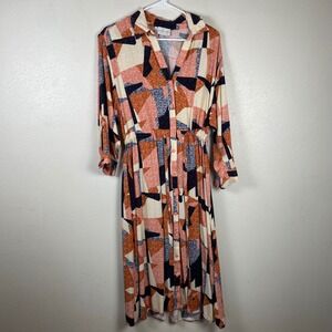 Corey Lynn Calter Geometric Abstract Midi Shirt Dress‎ Orange Purple Womens M